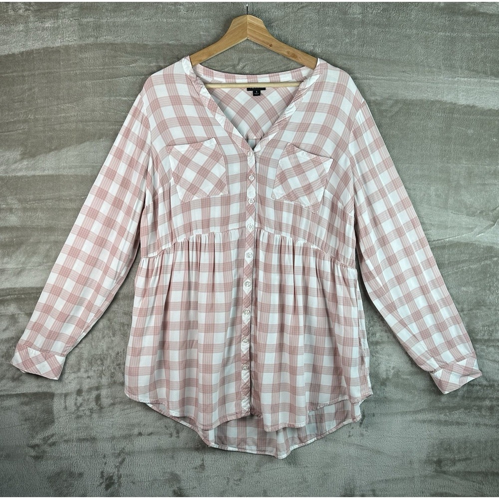 Torrid Babydoll Blouse Pink White Plaid V-Neck Plus Size 1 Lightweight - Picture 3 of 11